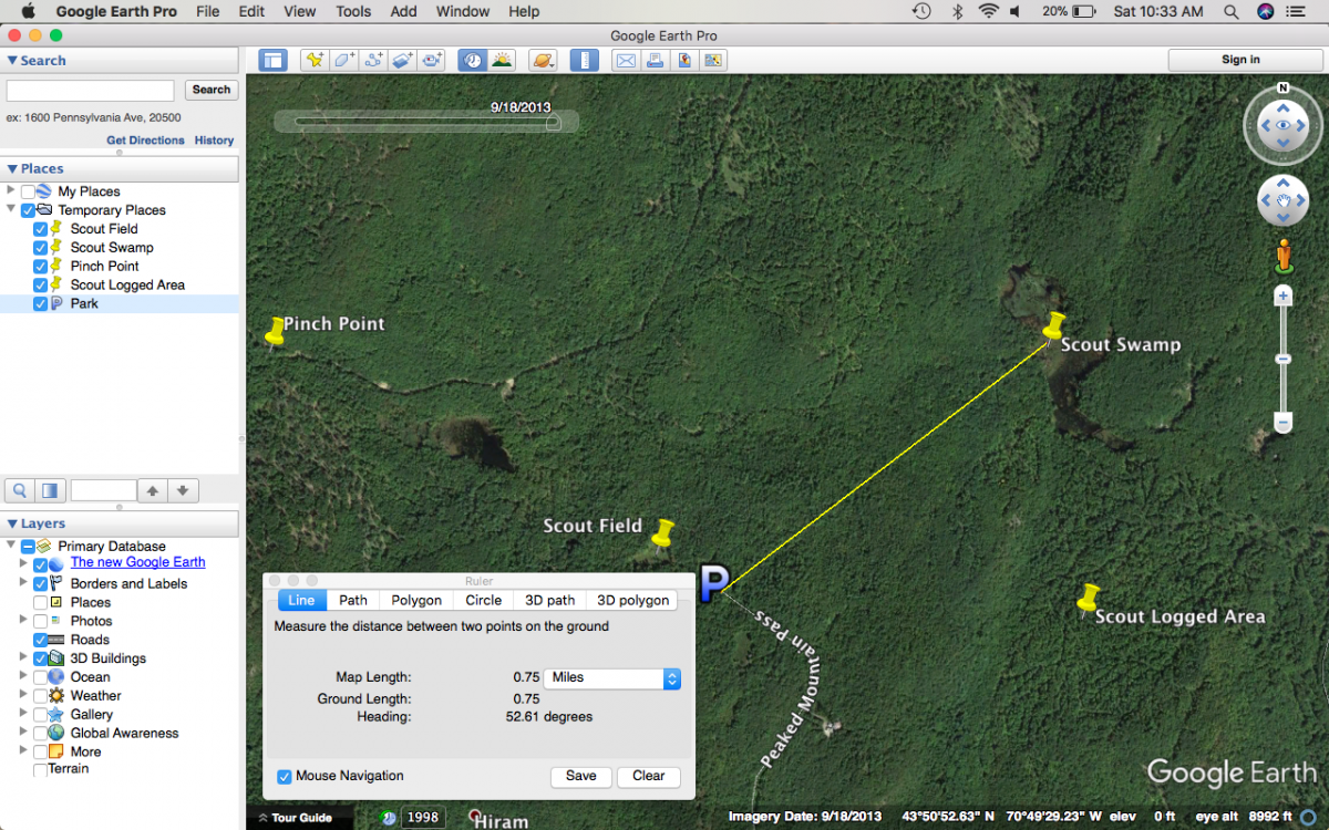 Using Google Earth Placemarks and measuring tools to plan a deer scouting trip.